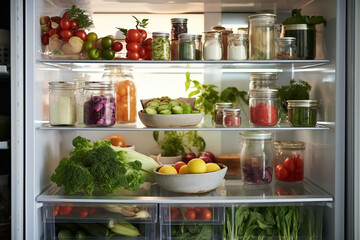 refrigerator shelves with healthy food and lots of vegetables, vegetarianism