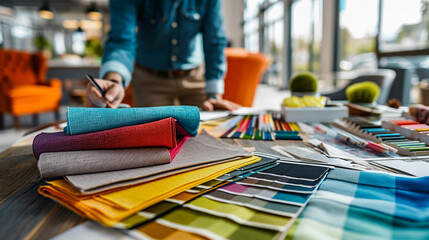 Interior Designer, An interior designer selecting fabric swatches and color palettes, with 3D renderings of interior designs in the background.