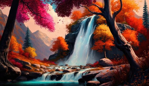beautiful of waterfall landscape painting background