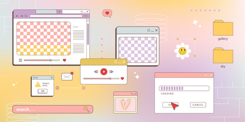 aesthetic retro computer browser 90s vaporwave style with smile daisy flower. Retrowave pc desktop with 404 error message boxes and popup user interface elements.