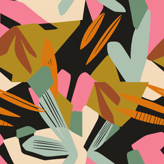 abstract seamless multicolored pattern with tropical leaves