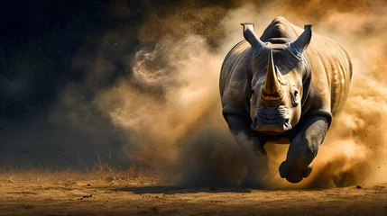 Zelfklevend Fotobehang Running  rhinoceros in dust © Oksana