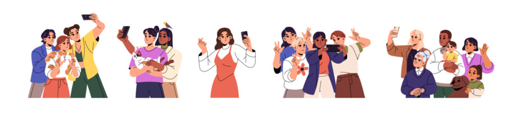 Happy people photography set. Family smiles, taking joint photo, selfie together. Group of friends photographing with pets, posing, gesturing. Flat isolated vector illustration on white background