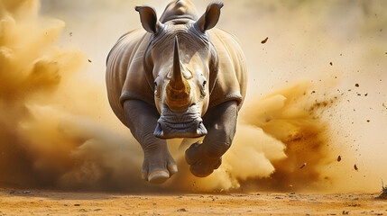 Running  rhinoceros in dust - obrazy, fototapety, plakaty