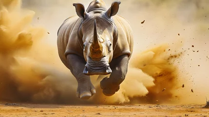 Fotobehang Running  rhinoceros in dust © Oksana