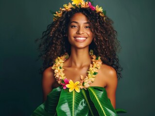beauty hawaiian smiling young Woman model, wearing a skirt made of banana leaves, garland of tropical flowersъ - obrazy, fototapety, plakaty