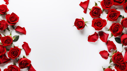 Flat lay top view red roses, isolated on a white background for Valentine's Day, International Women's Day, Mother's Day card or background or a wedding invitation