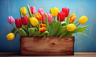 colored tulips sit in a wooden box on blue background