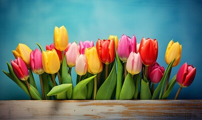 colored tulips sit in a wooden table on blue background