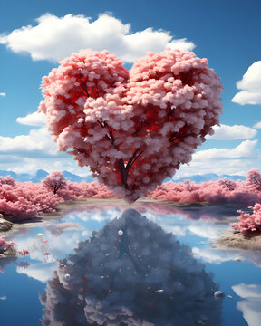 valentine's day background with heart tree and reflection in water