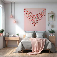 3d rendering of bedroom with pink bed and heart on the wall