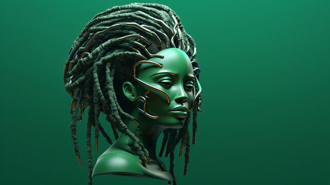 3d render iron head of a woman with shiny dreadlocks