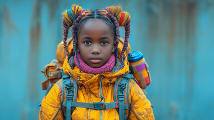 Hübsches Afroamerikanisches Schulkind mit Anorak und Schultasche auf dem Schulweg, ai generativ