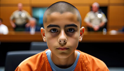Young boy in Juvenile detention going through the court system for crimes he has committed. Thousands of young people are held in juvenile detention facilities while their cases are handled in court  - obrazy, fototapety, plakaty