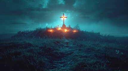 Fototapeta premium Cross in the Sky: A Nighttime View of the Cross on the Hill Generative AI
