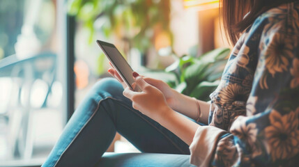 Young woman holding a tablet sits looking at a blurred background.