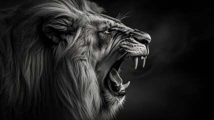 Captivating and fierce, a lion stands tall with its mouth open, ready to let out a mighty roar that echoes through the outdoor savannah - obrazy, fototapety, plakaty