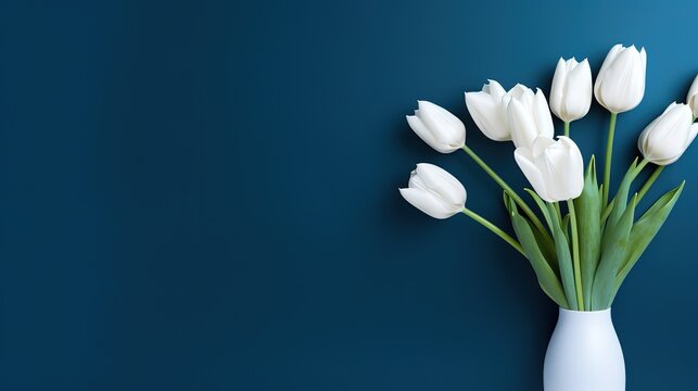 White Tulip flower on dark Blue background photo. generative AI
