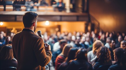 Public speaker in front of an audience in stock photography , Public speaker, audience, stock photography