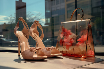 Fashionable transparent with flower handbag and high-heeled shoes with glitter on store window, showcase. Sales in an accessories store.  AI Generative