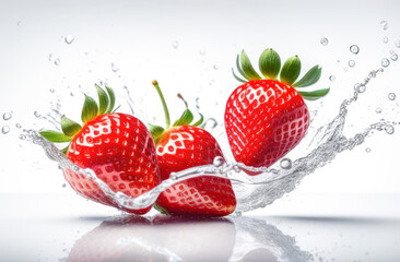 Fresh Falling Strawberry With Water Splash, isolated on white background, selective focus