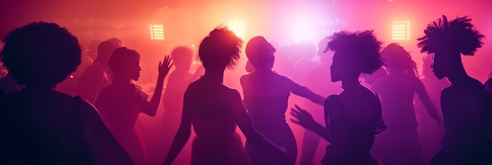 A vibrant sea of magenta silhouettes moving to the beat of the music, each person lost in their own dance but together creating a mesmerizing spectacle in the club - obrazy, fototapety, plakaty