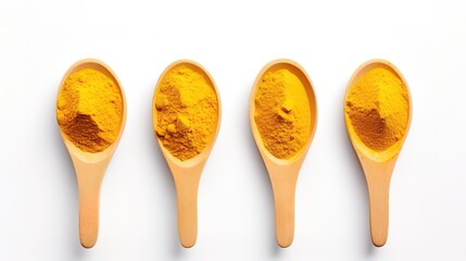 A row of spoons containing turmeric powder on a white background. generative AI - obrazy, fototapety, plakaty