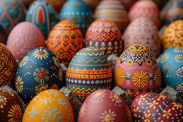 Fototapeta na wymiar Colorful Easter Eggs with Flower Patterns Generative AI