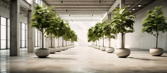 Botanical trees in the hangar, plantation growing trees and flowers, haulm.