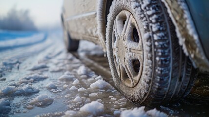 Ice crusted ground, car wheel on icy road, hazardous weather conditions