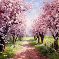 A picturesque cherry orchard in spring, with delicate pink blossoms covering the trees and the air filled with their sweet fragrance.