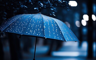 A blue umbrella in the photo with a black bokeh background. generative Ai