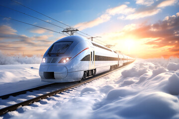 Modern train travelling through a snow landscape