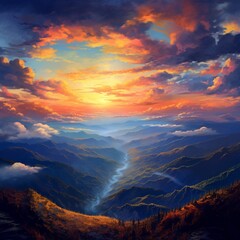 A panoramic view of a mountainous landscape at sunset, with the sky ablaze in vibrant colors, and fluffy clouds catching the last light.