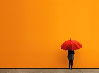 A person carrying a red umbrella in front of an orange wall. generative AI