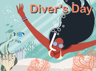 Diver’s Day isolated on white. Vector template for banner, poster, flyer, etc. Underwater world of the ocean, sea, algae, fish. Girl diver.