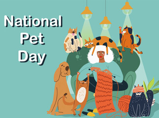 National Pet Day banner, background. Pets Day Wishes, Domestic Vector Templates Design, Dog, Cat. Home interior with pets, hobby.