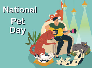 National Pet Day banner, background. Pets Day Wishes, Domestic Vector Templates Design, Dog, Cat. Home interior with pets, hobby.