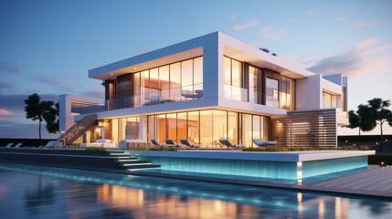 Fototapeta premium 3D rendering of a modern house with a swimming pool at sunset.