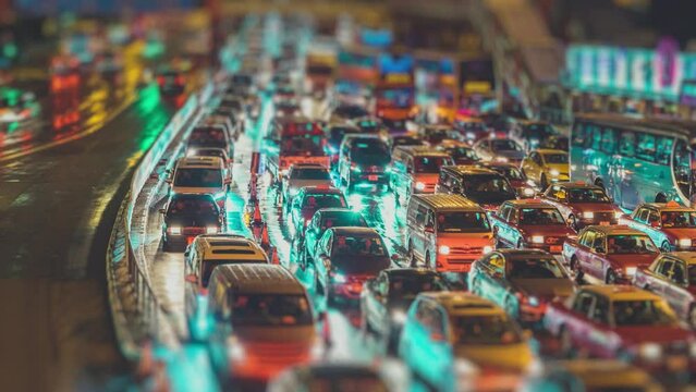 Undefined cars in night traffic jam timelapse