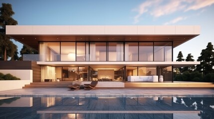 3D rendering of a modern house with a swimming pool.