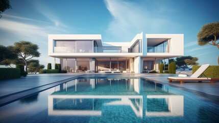 3D rendering of a modern house with a swimming pool.
