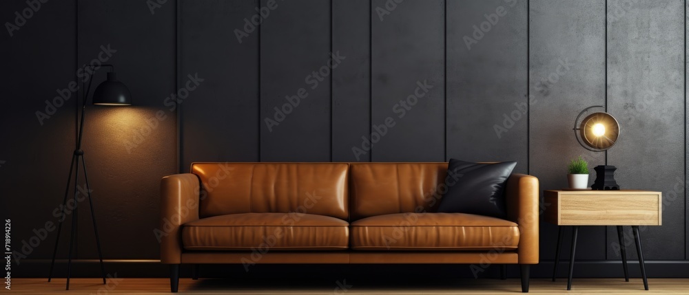 Wall mural wood table top on blur living room have leather sofa and decoration minimal