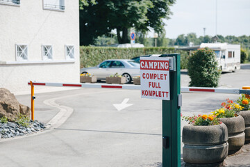 A Camping is Full signage with a closed barrier, located in Thionville near the Luxembourg border,...