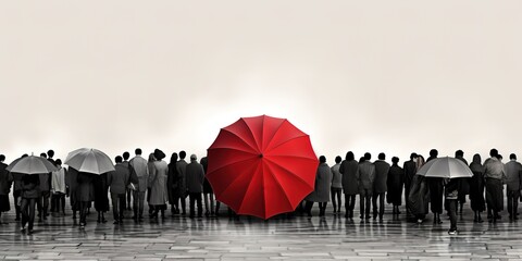 illustration of a person carrying a red umbrella in the middle of a crowd of people.
