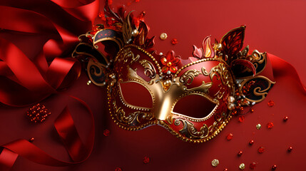 A golden carnival mask showcased on a lively red backdrop, Mardi Gras celebrations