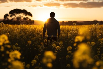 Fototapeta premium man walking through a yellow patch of flowers at sunset