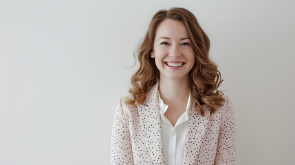 Obraz premium Portrait of Beautiful smiling happy woman on pink background