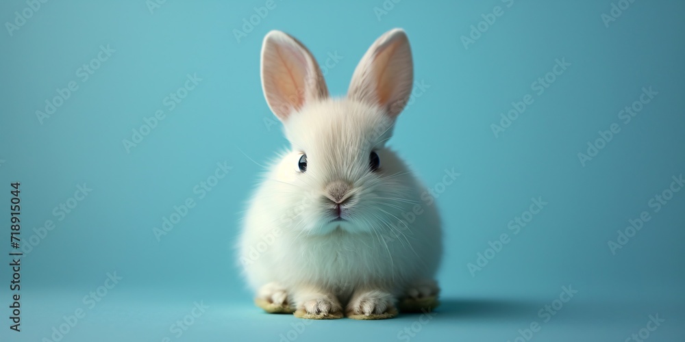 Wall mural Bunny Boots - A cute bunny wearing boots, sitting on a blue surface. Generative AI - Wall murals