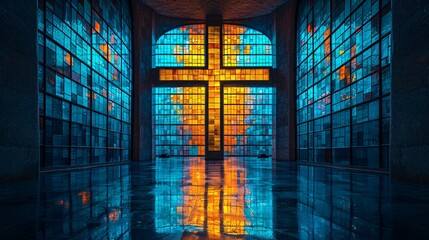 Glowing Cross in Blue Tinted Archway Generative AI